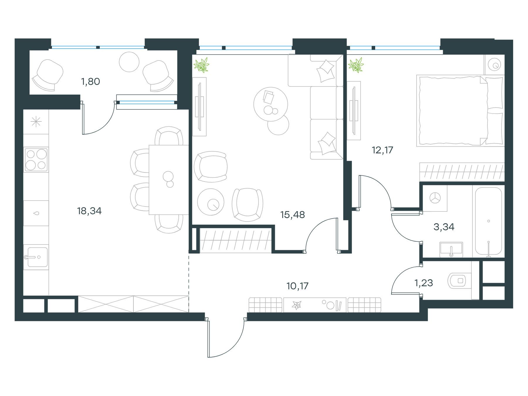 Планировка: 2-комн. квартира 62.50 м² в новостройке Левел Лесной