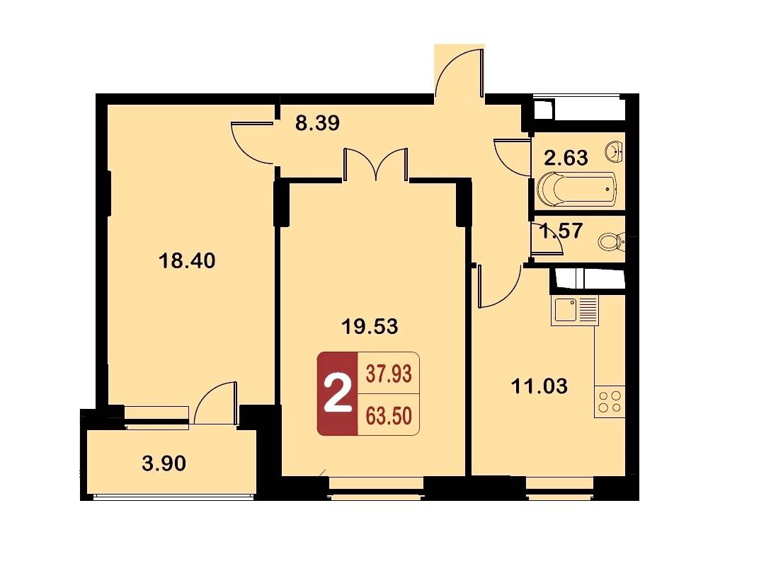 Планировка: 2-комн. квартира 61.00 м² в новостройке Квартал Гальчино