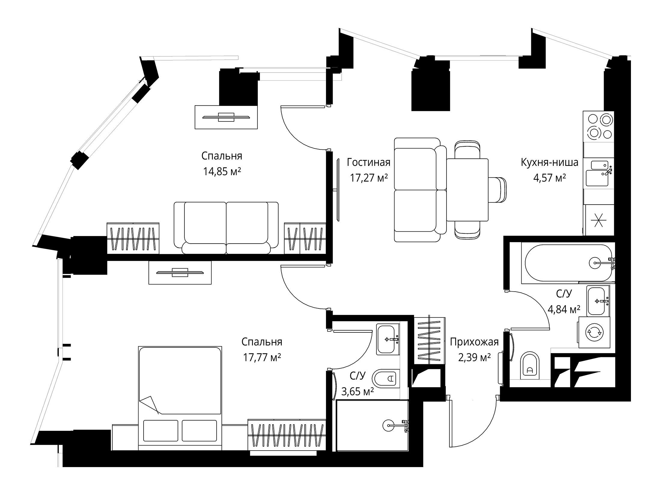 Планировка: 2-комн. квартира 65.70 м² в новостройке Феймос