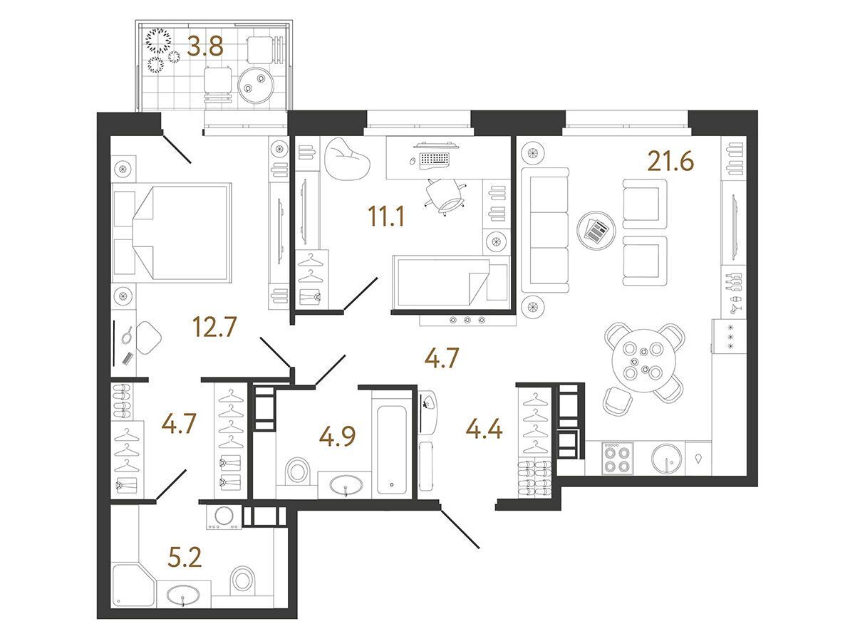 Планировка: 2-комн. квартира 68.90 м² в новостройке Куинджи