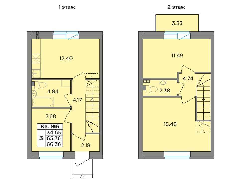 Планировка: 3-комн. квартира 66.36 м² в новостройке Федоровское