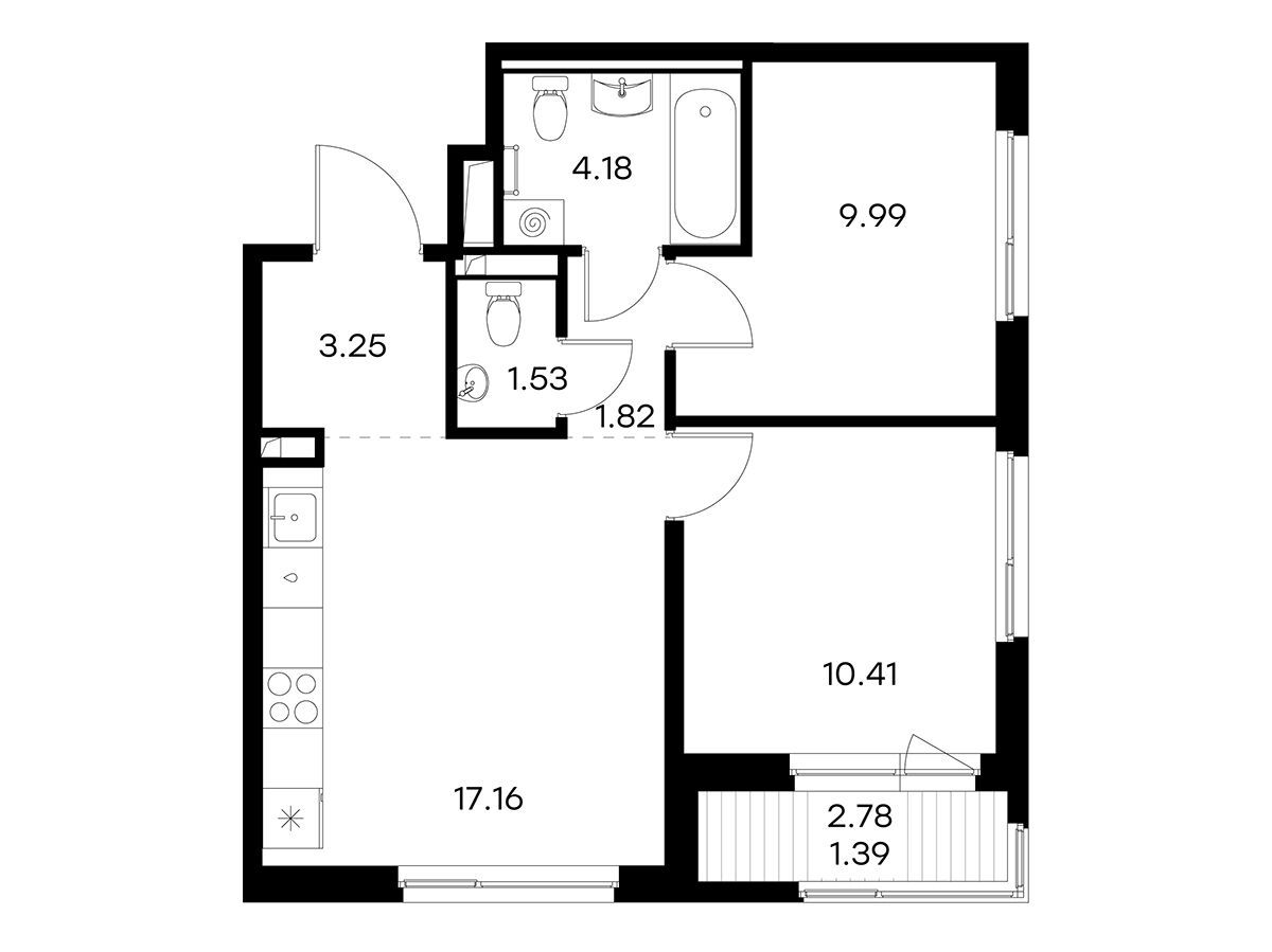 Планировка: 2-комн. квартира 49.73 м² в новостройке Глоракс Новоселье