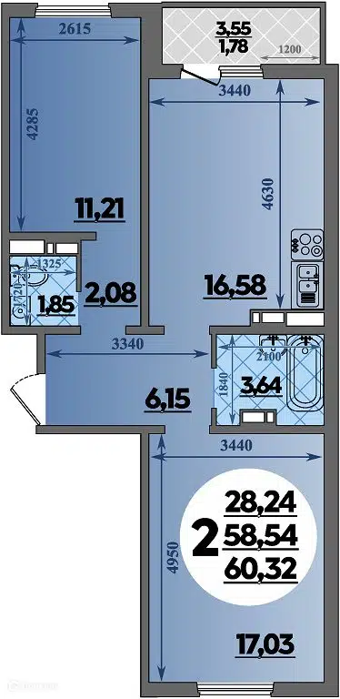 Планировка: 2-комн. квартира 60.32 м² в новостройке Южная долина