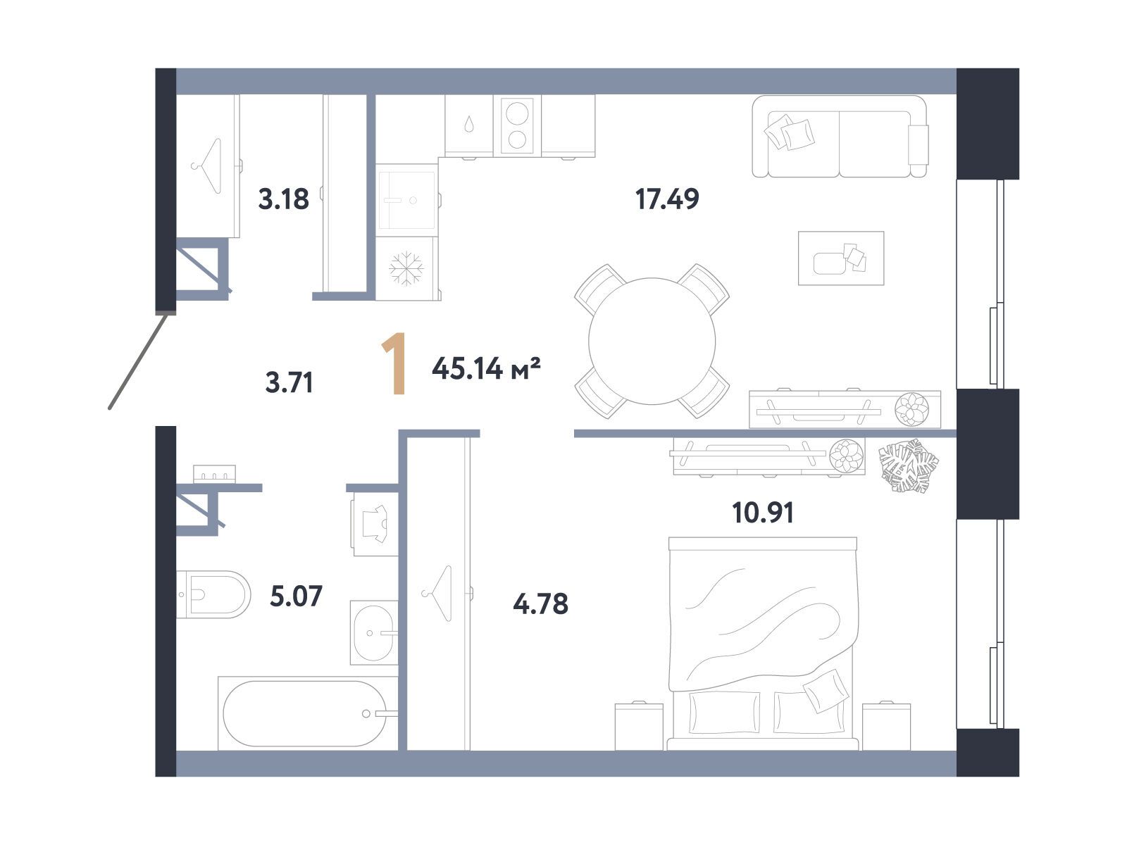 Планировка: 1-комн. квартира 45.14 м² в новостройке Репаблик