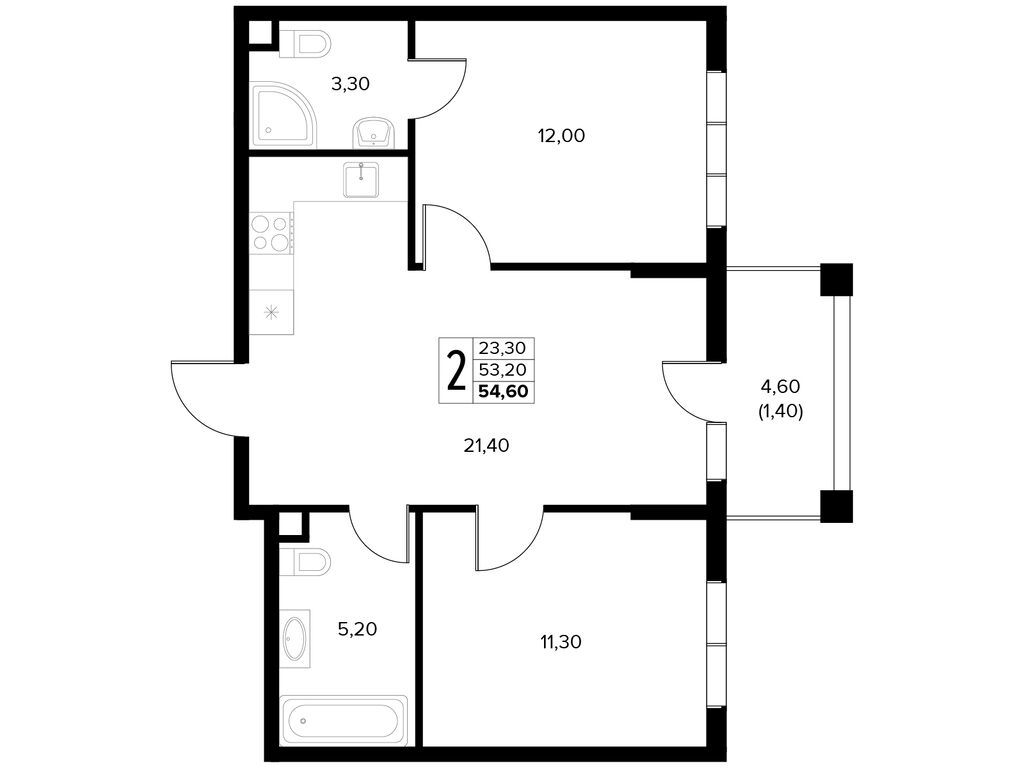 Планировка: 2-комн. квартира 54.60 м² в новостройке Кипарис
