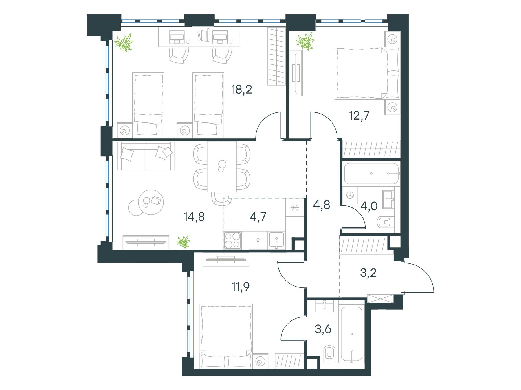 Планировка: 4-комн. квартира 77.90 м² в новостройке Левел Южнопортовая