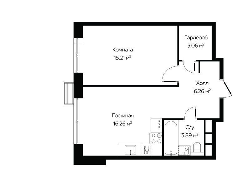 Планировка: 1-комн. квартира 44.68 м² в новостройке Октябрьская 98