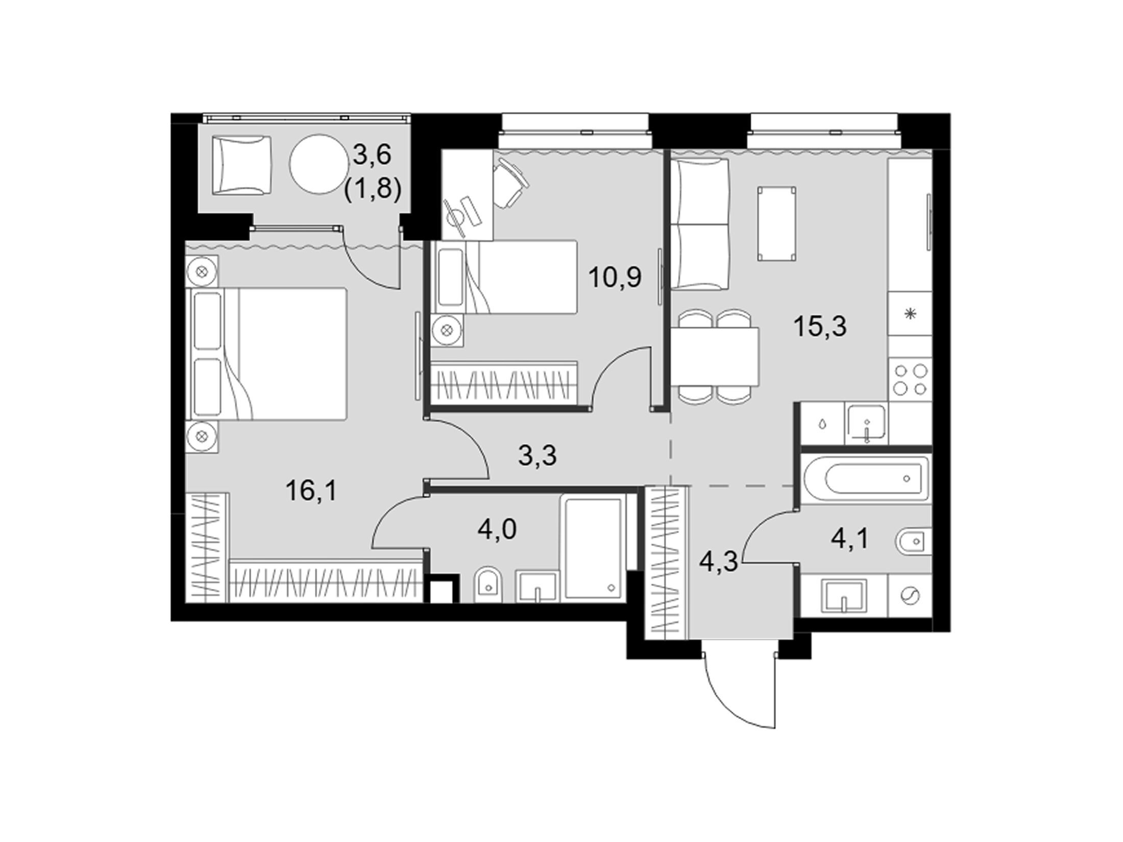 Планировка: 3-комн. квартира 59.80 м² в новостройке ЖК Симоновский вал