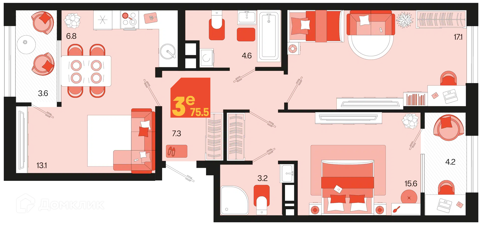 Планировка: 3-комн. квартира 75.50 м² в новостройке Первое место