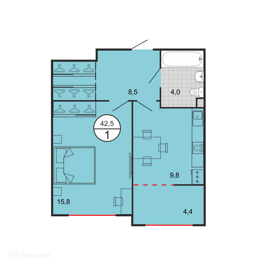 Планировка: 1-комн. квартира 42.30 м² в новостройке По ул. Филатова