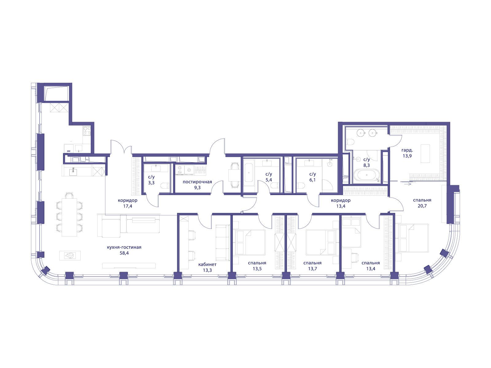 Планировка: 5-комн. квартира 210.10 м² в новостройке Татарская 35