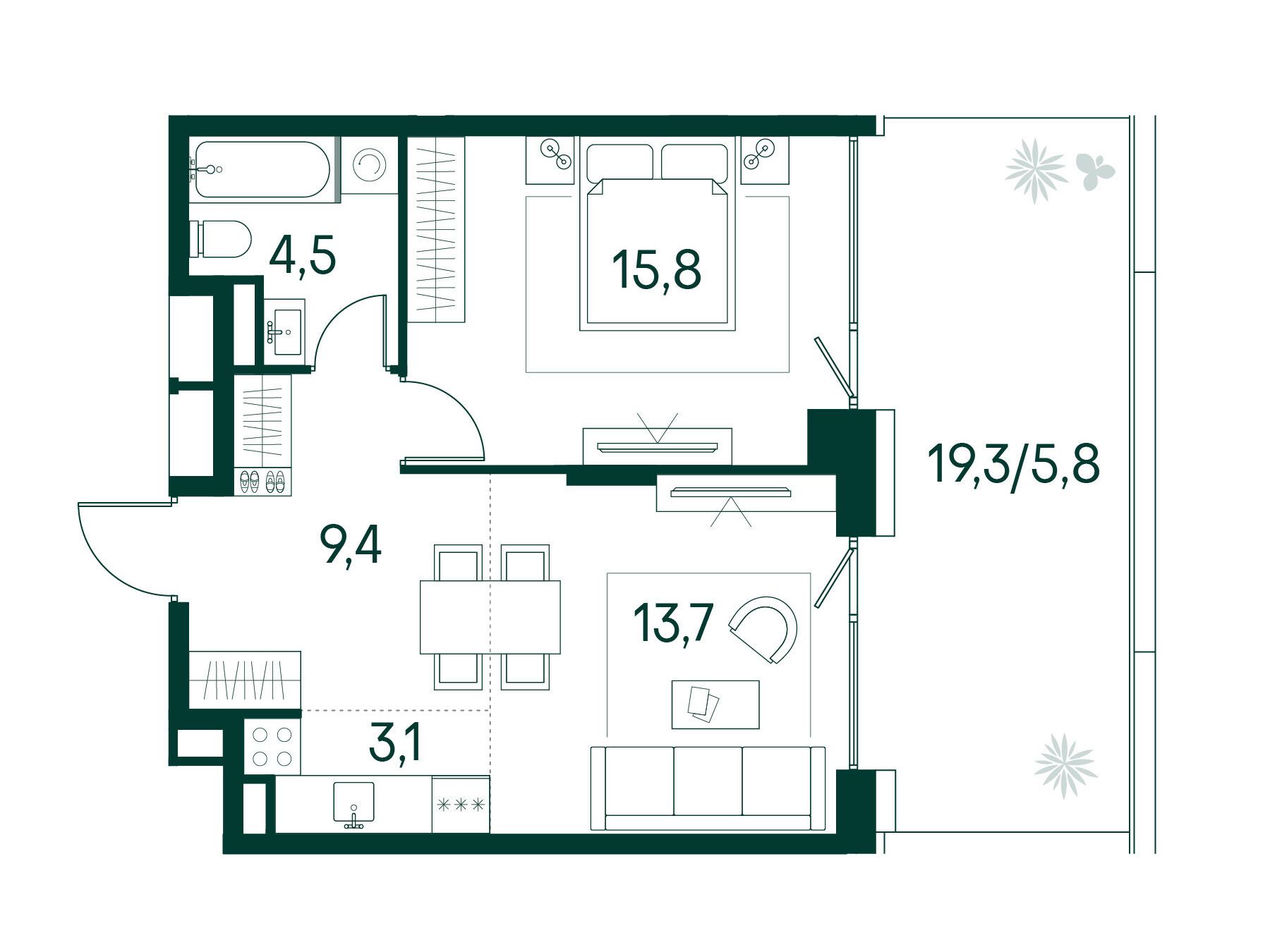 Планировка: 1-комн. квартира 52.10 м² в новостройке Примавера