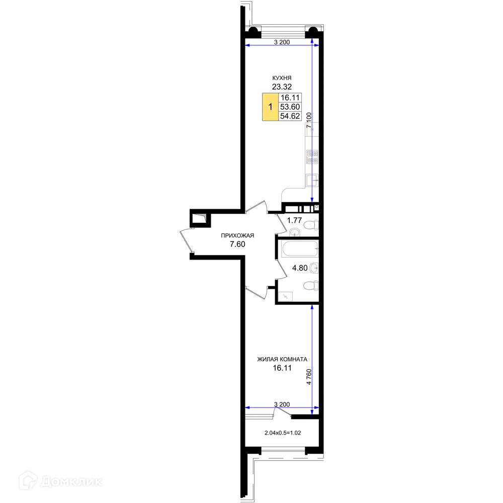 Планировка: 1-комн. квартира 54.62 м² в новостройке Резиденция морей