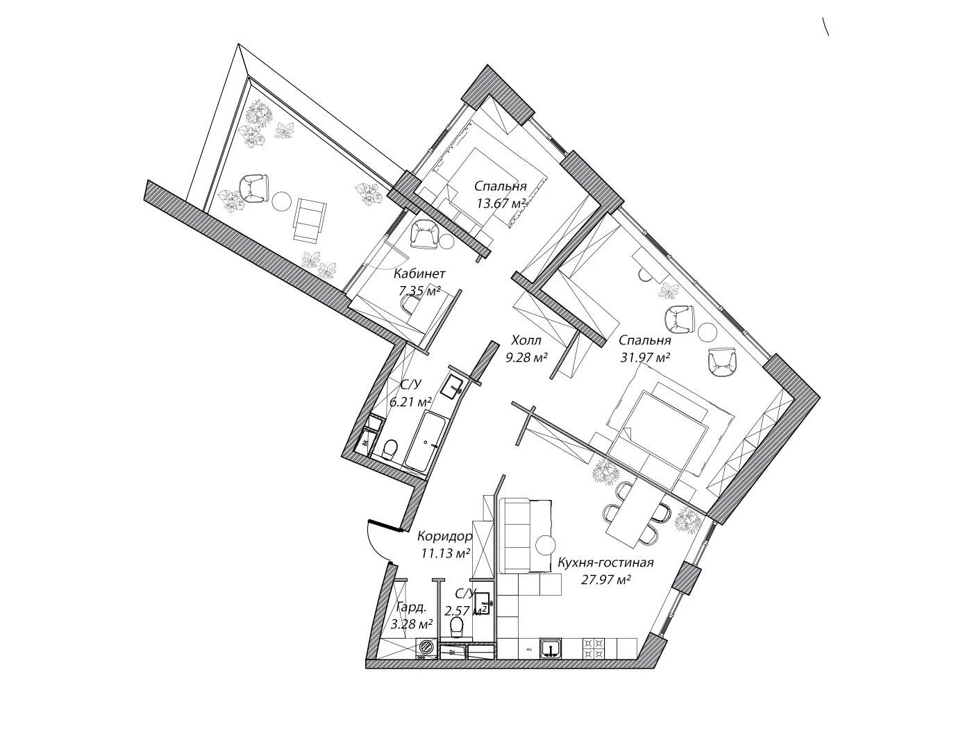 Планировка: 3-комн. квартира 113.40 м² в новостройке Рублево