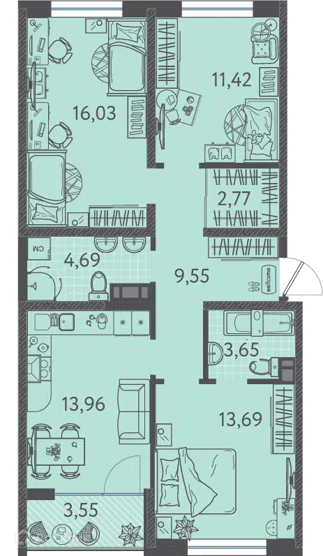 Планировка: 3-комн. квартира 77.10 м² в новостройке Друзья