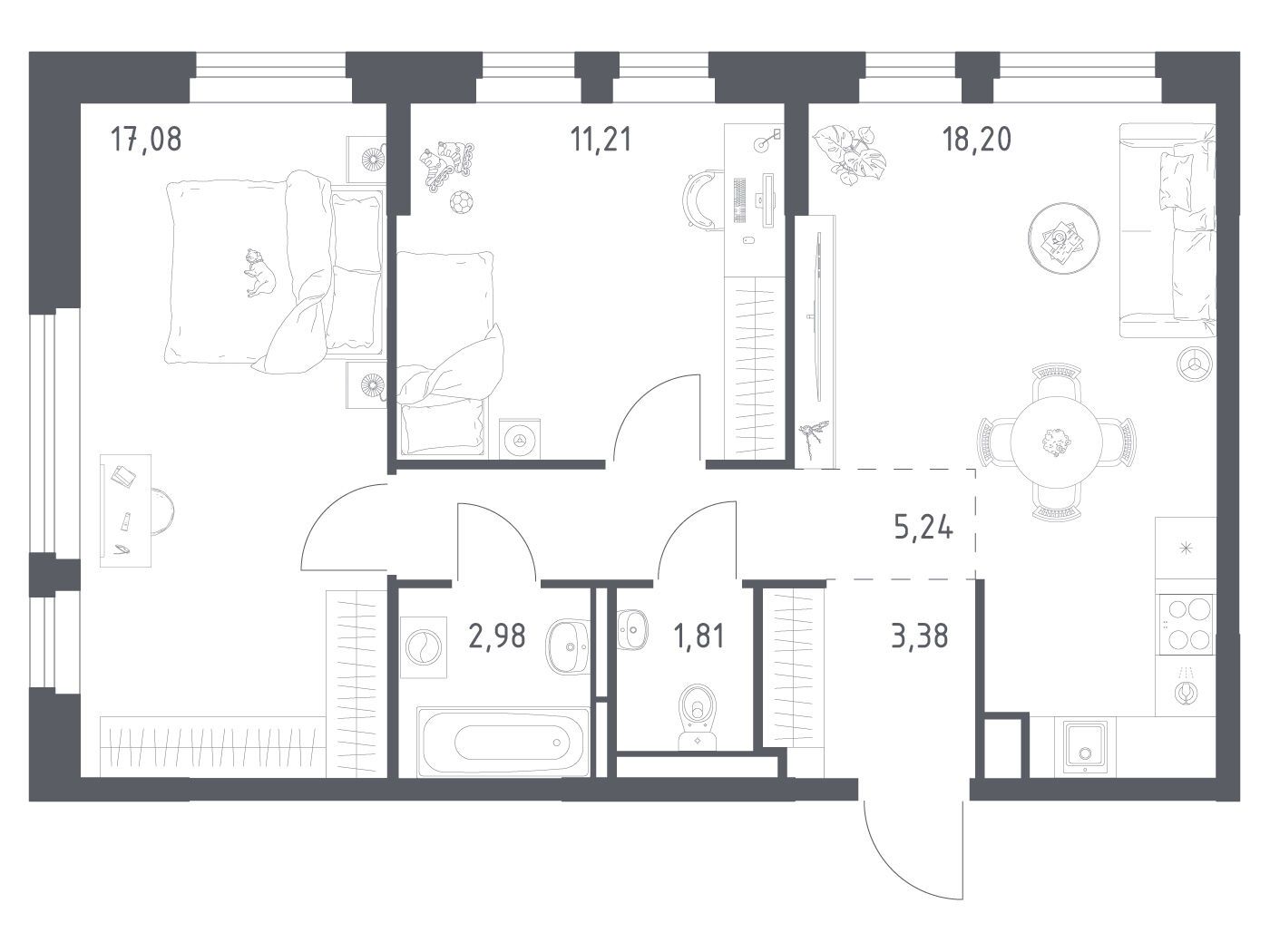 Планировка: 2-комн. квартира 59.90 м² в новостройке Новое Колпино