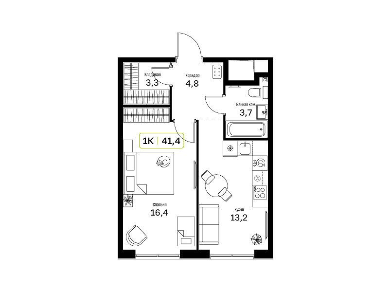 Планировка: 1-комн. квартира 41.40 м² в новостройке Новый Зеленоград