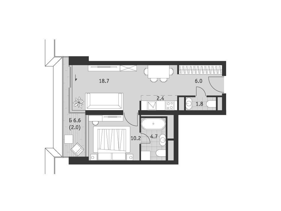 Планировка: 2-комн. квартира 45.80 м² в новостройке ЖК Бадаевский
