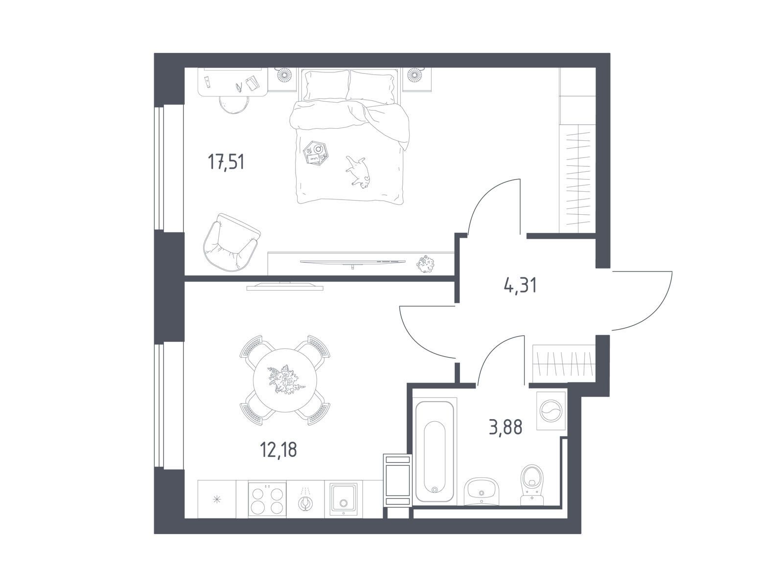 Планировка: 1-комн. квартира 37.70 м² в новостройке Томилино Парк