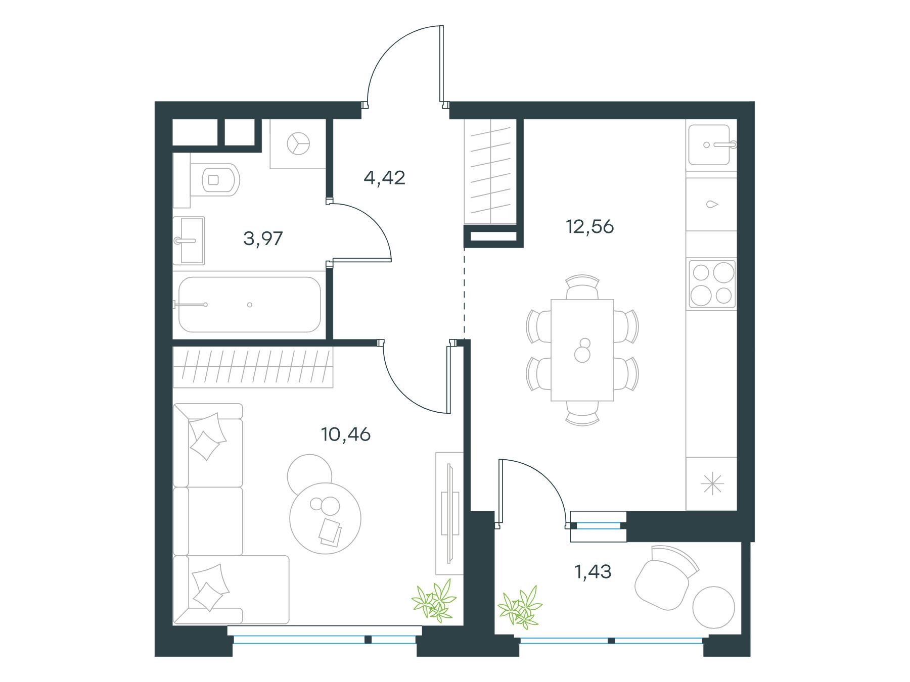 Планировка: 1-комн. квартира 31.80 м² в новостройке Левел Лесной