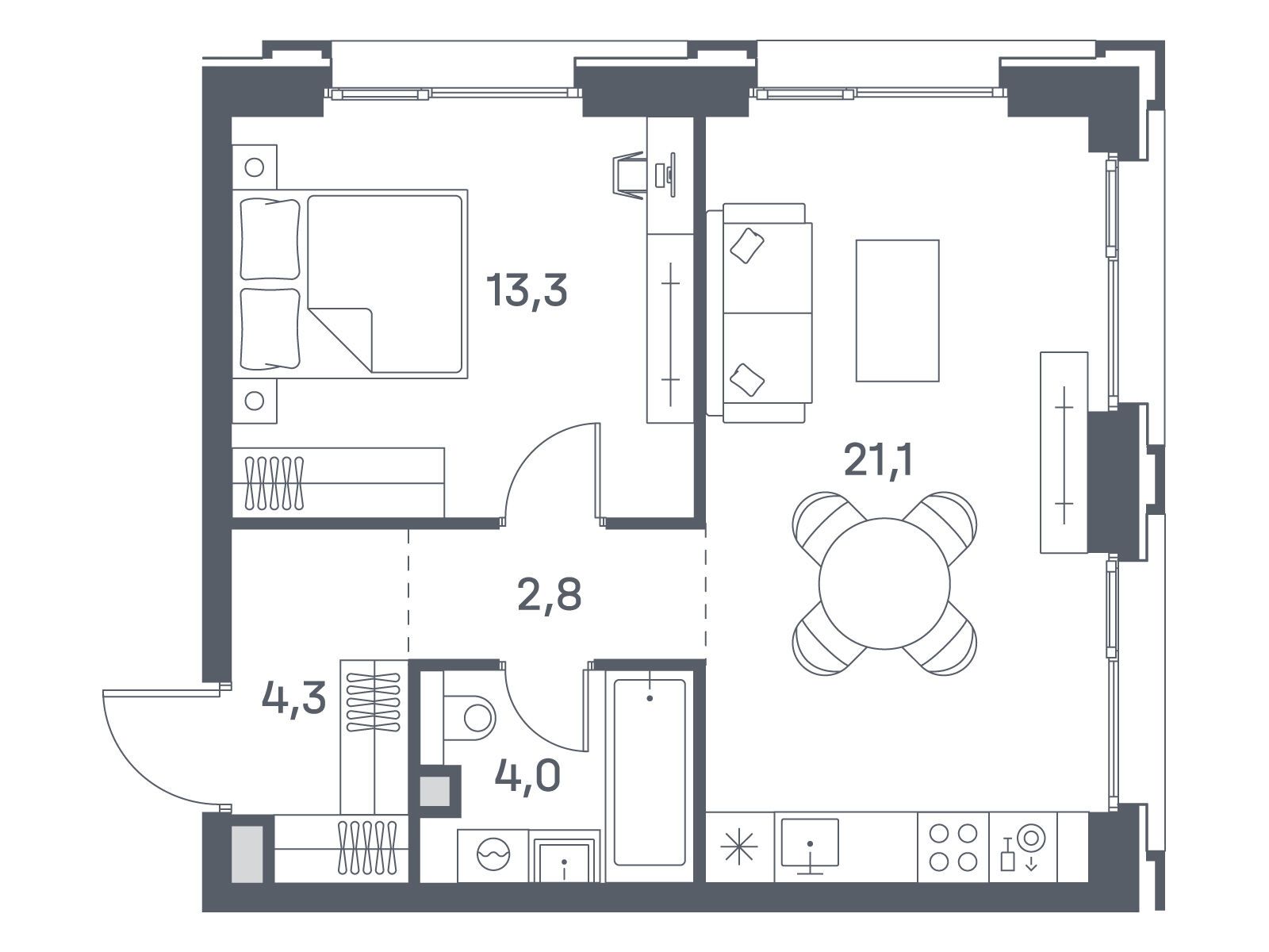 Планировка: 1-комн. квартира 45.50 м² в новостройке ЖК Портленд. Дом на берегу