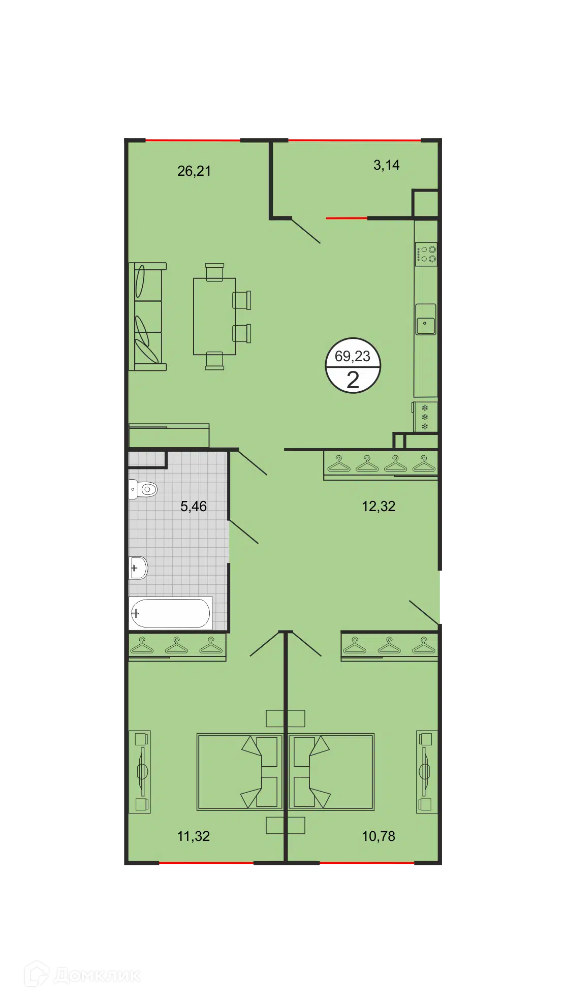 Планировка: 2-комн. квартира 69.23 м² в новостройке Дыхание