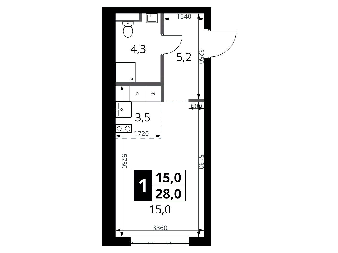 Планировка: Студия 28.00 м² в новостройке 1-й Ясеневский