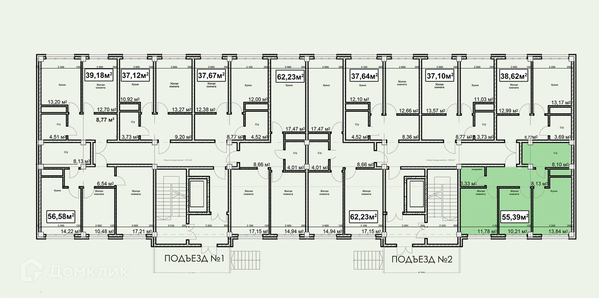 Планировка: 2-комн. квартира 55.39 м² в новостройке Николаевский Ессентуки