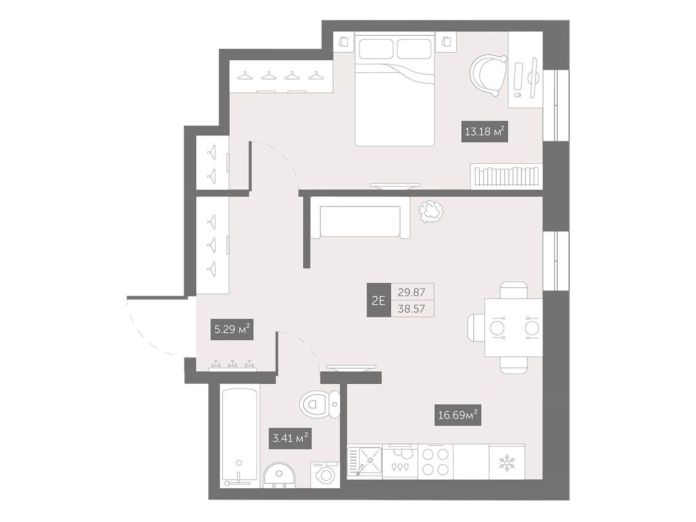 Планировка: 1-комн. квартира 39.80 м² в новостройке Зум Черная речка