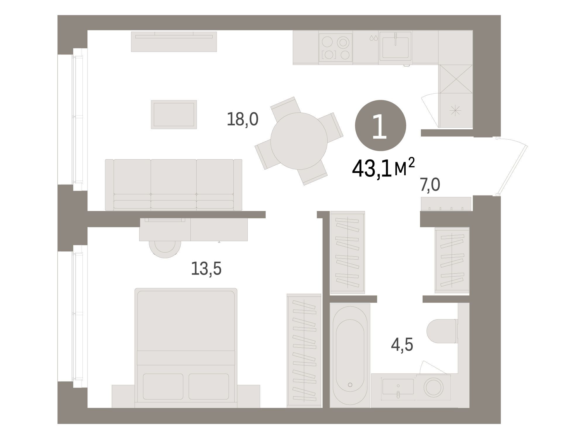 Планировка: 1-комн. квартира 43.10 м² в новостройке Брусника в Новоселье