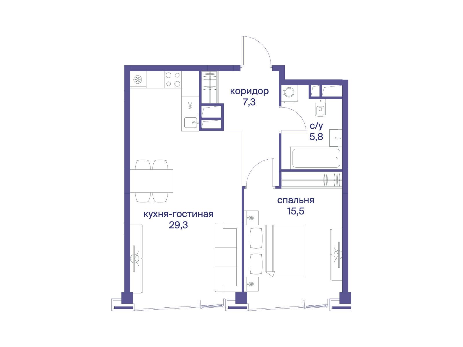 Планировка: 1-комн. квартира 57.90 м² в новостройке Начало