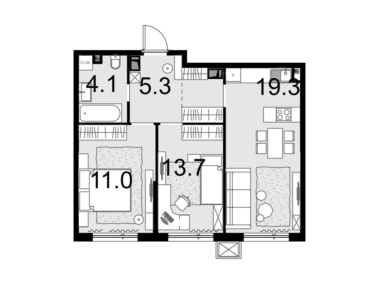 Планировка: 2-комн. квартира 56.40 м² в новостройке Малевич
