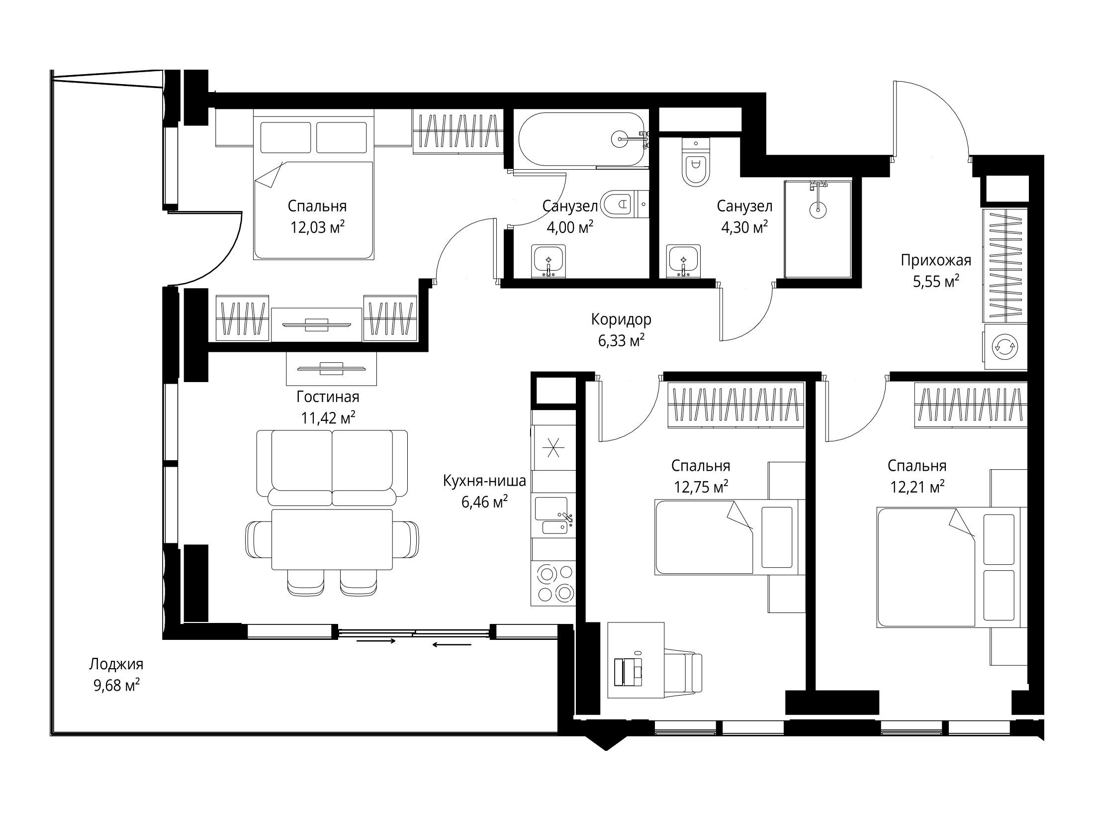 Планировка: 3-комн. квартира 84.73 м² в новостройке Джойс