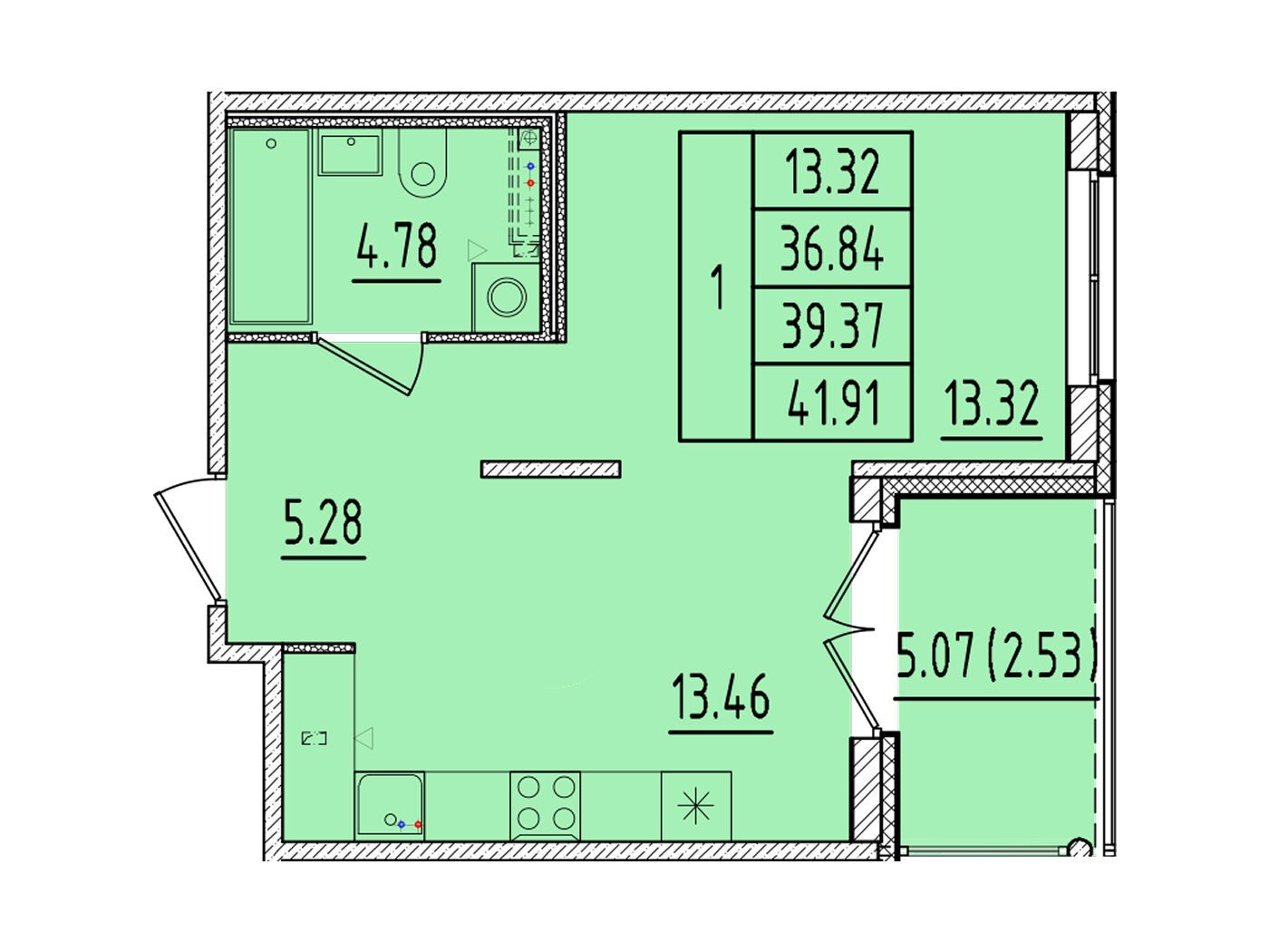 Планировка: 1-комн. квартира 36.84 м² в новостройке Образцовый квартал 17