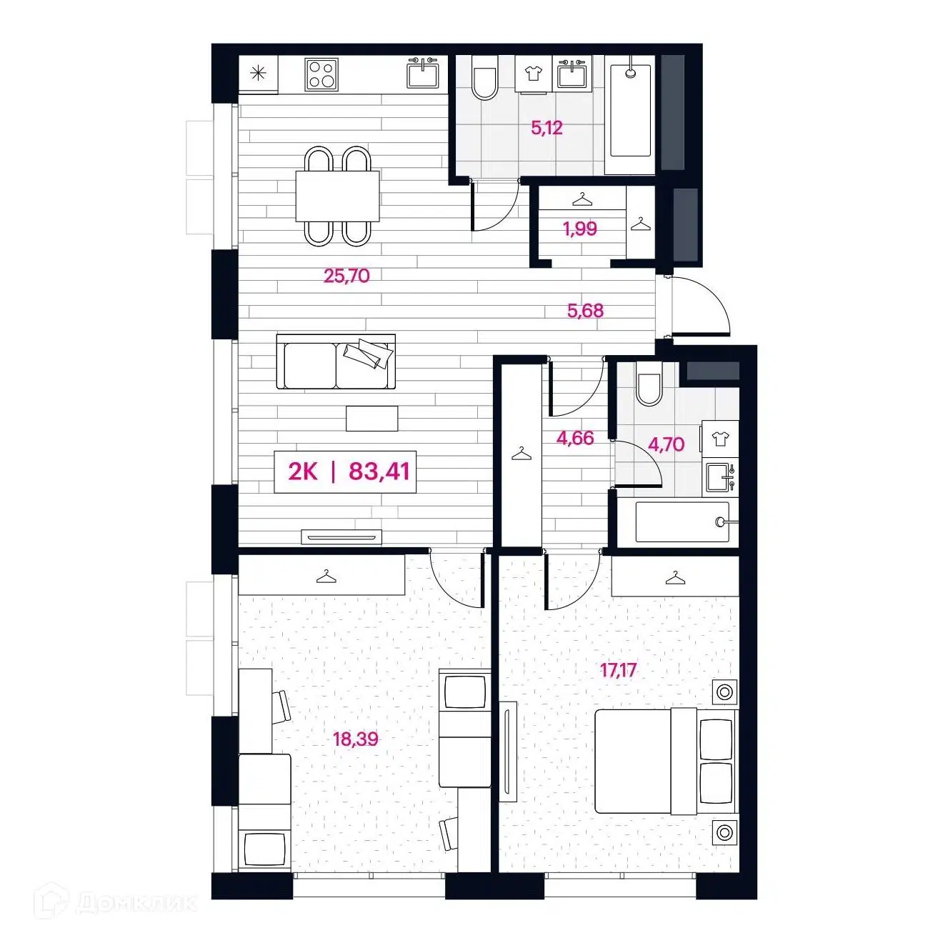 Планировка: 2-комн. квартира 83.41 м² в новостройке Пушкина