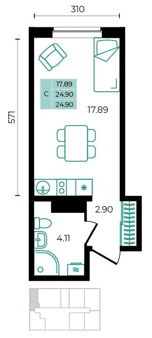 Планировка: Студия 24.90 м² в новостройке ЖК Курортный Регион