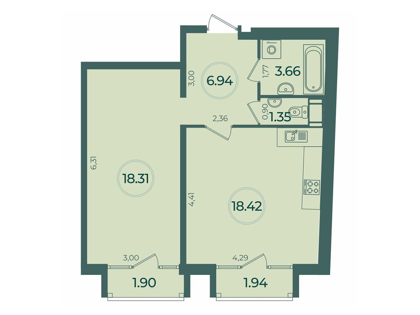 Планировка: 1-комн. квартира 49.83 м² в новостройке Дуалист