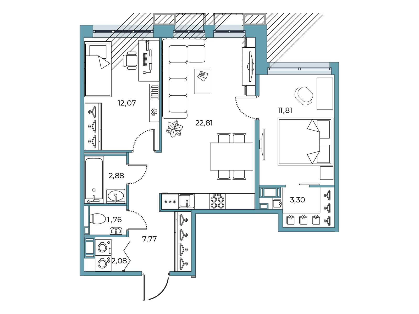Планировка: 2-комн. квартира 63.68 м² в новостройке Взлетная 16