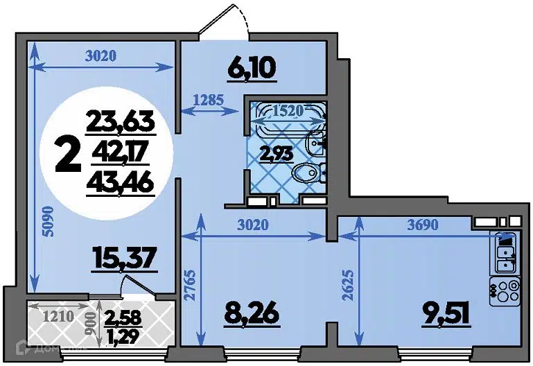 Планировка: 2-комн. квартира 43.46 м² в новостройке Молодежный 2 