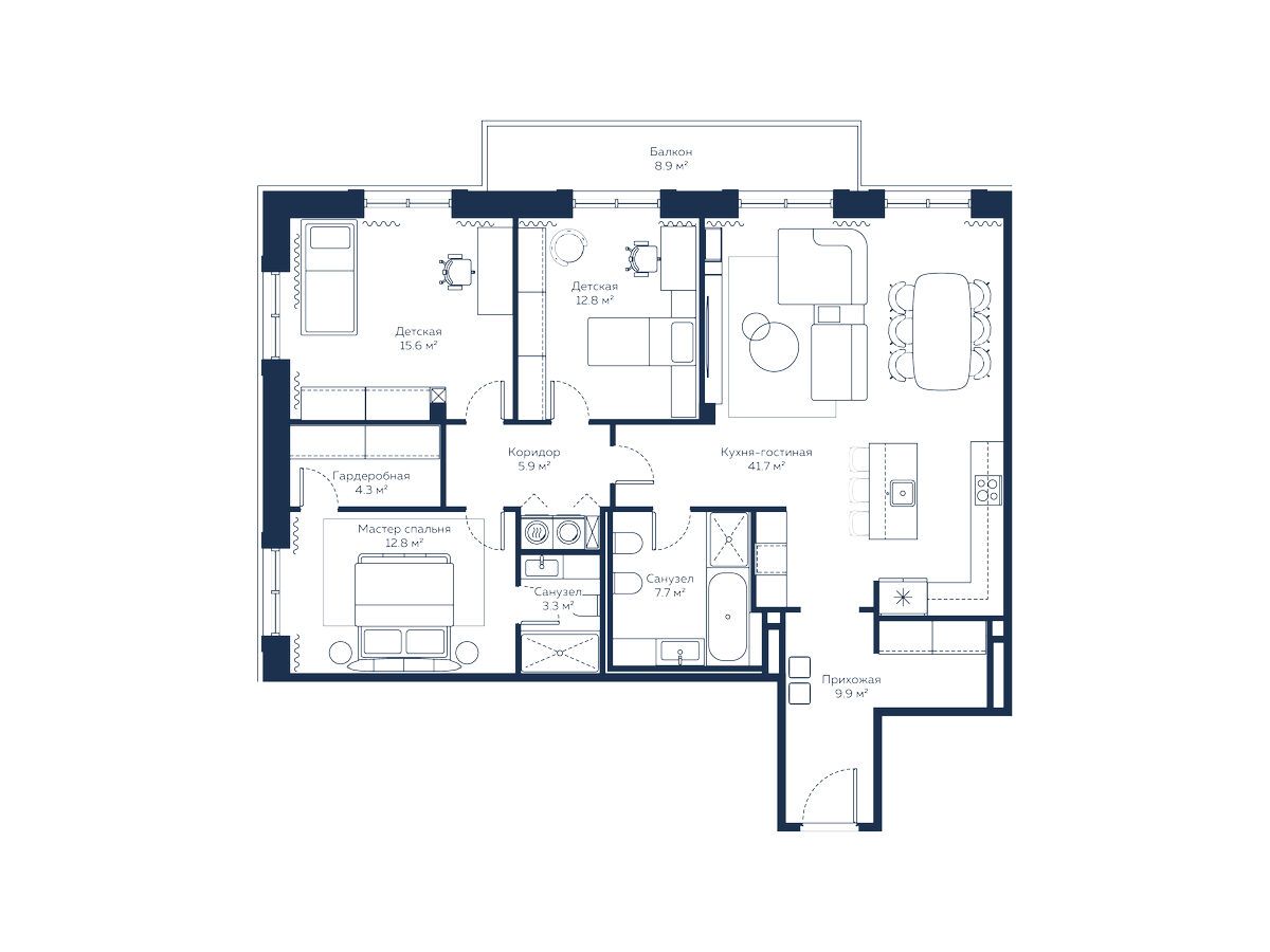Планировка: 3-комн. квартира 128.30 м² в новостройке Ривер Резиденс