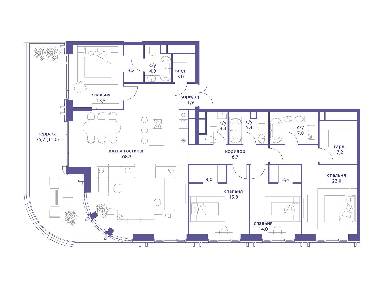 Планировка: 4-комн. квартира 193.80 м² в новостройке Татарская 35