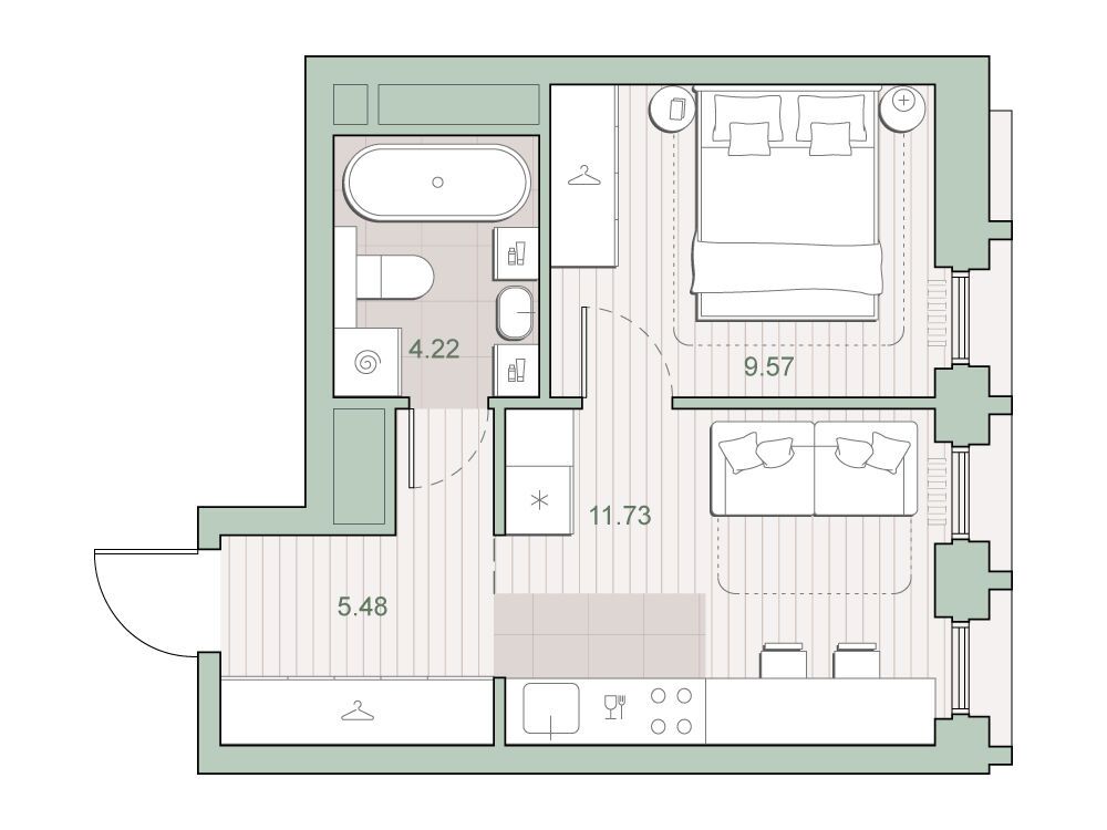 Планировка: 1-комн. квартира 31.00 м² в новостройке ЖК Среда на Кутузовском