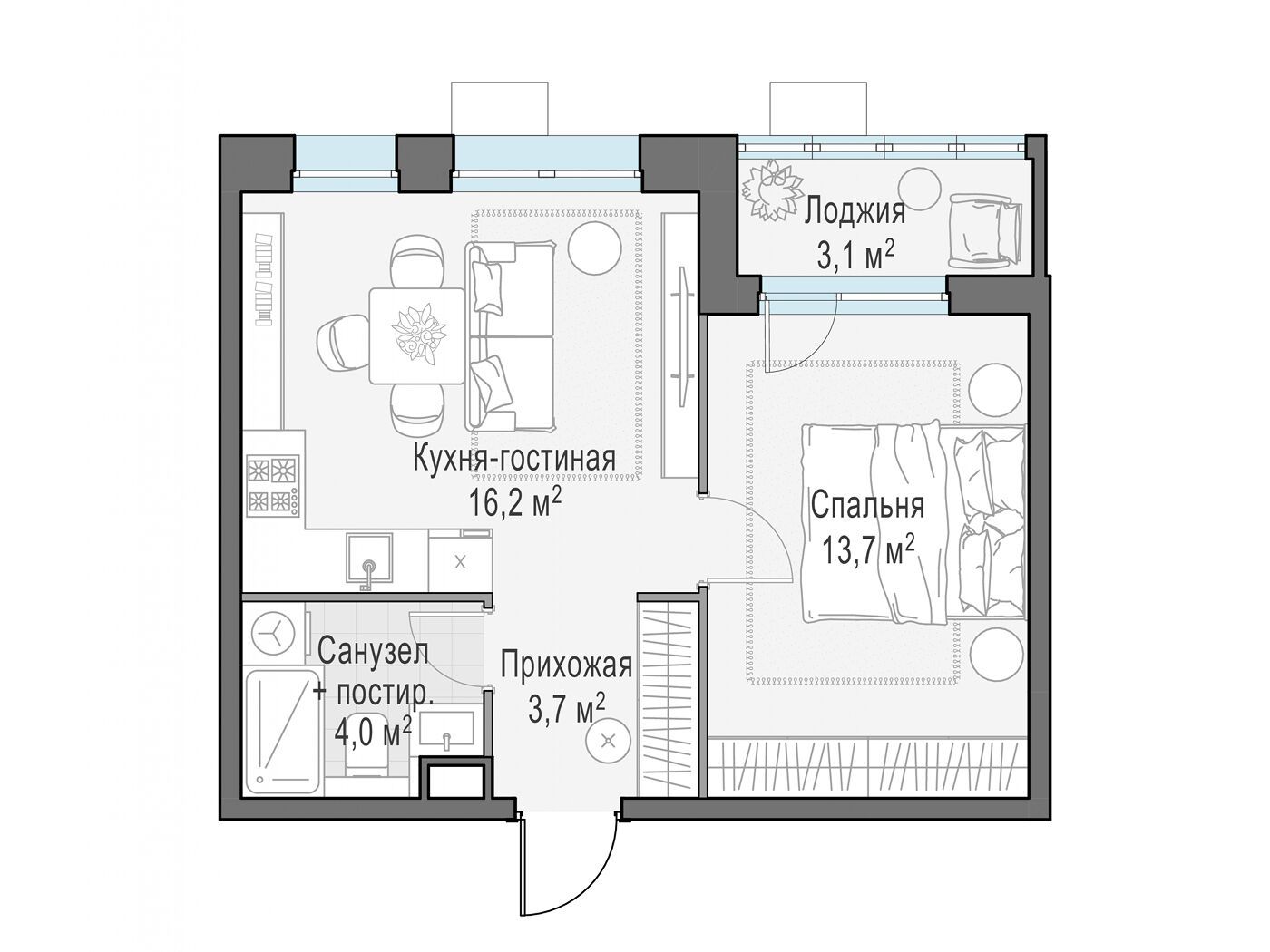 Планировка: 1-комн. квартира 37.30 м² в новостройке ЖК Новое Пушкино