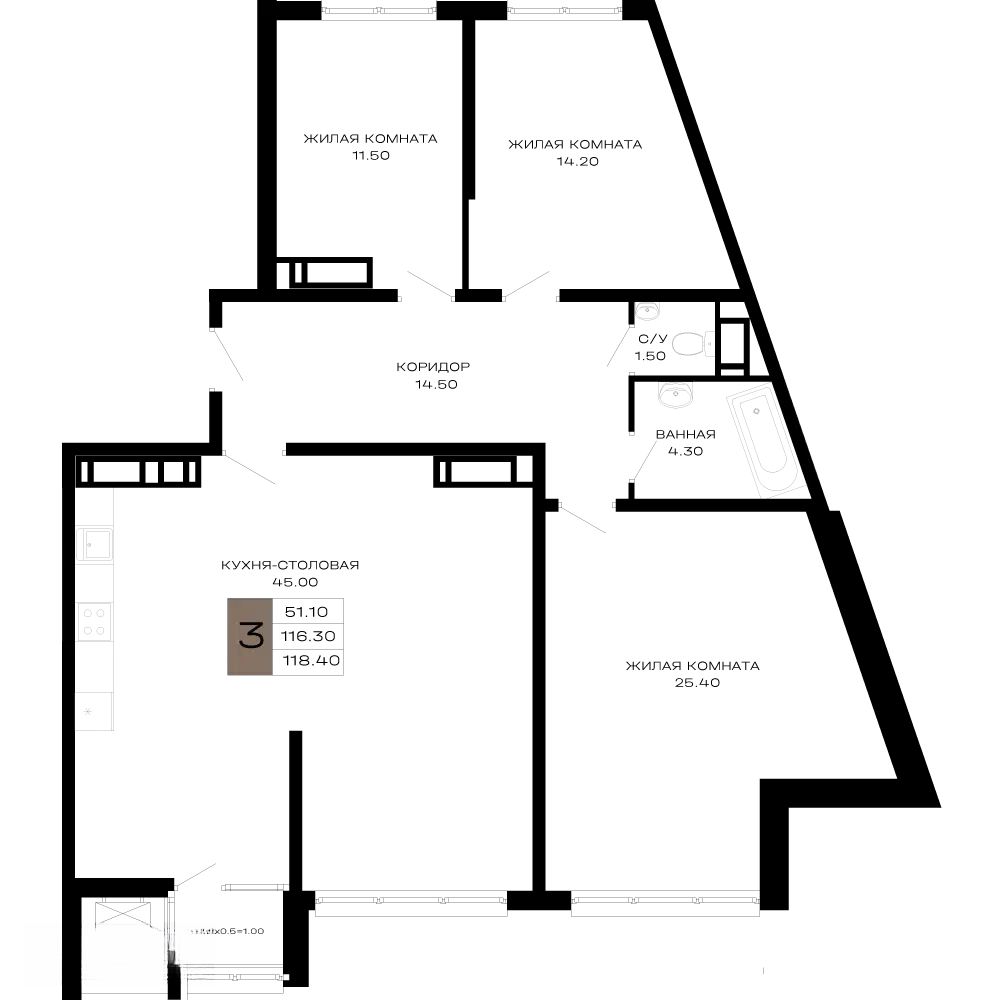 Планировка: 3-комн. квартира 119.38 м² в новостройке Сердце