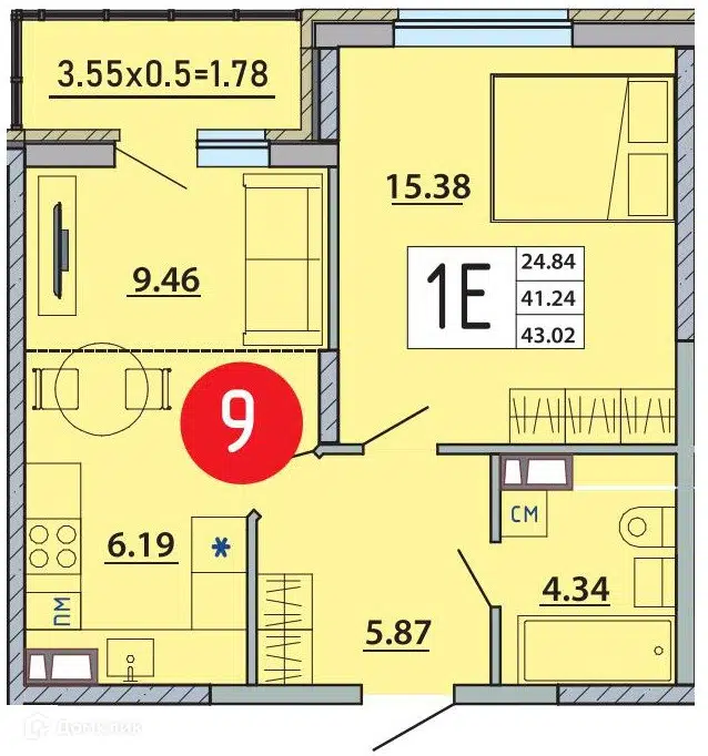 Планировка: 1-комн. квартира 43.02 м² в новостройке Любимый дом Адыгейск