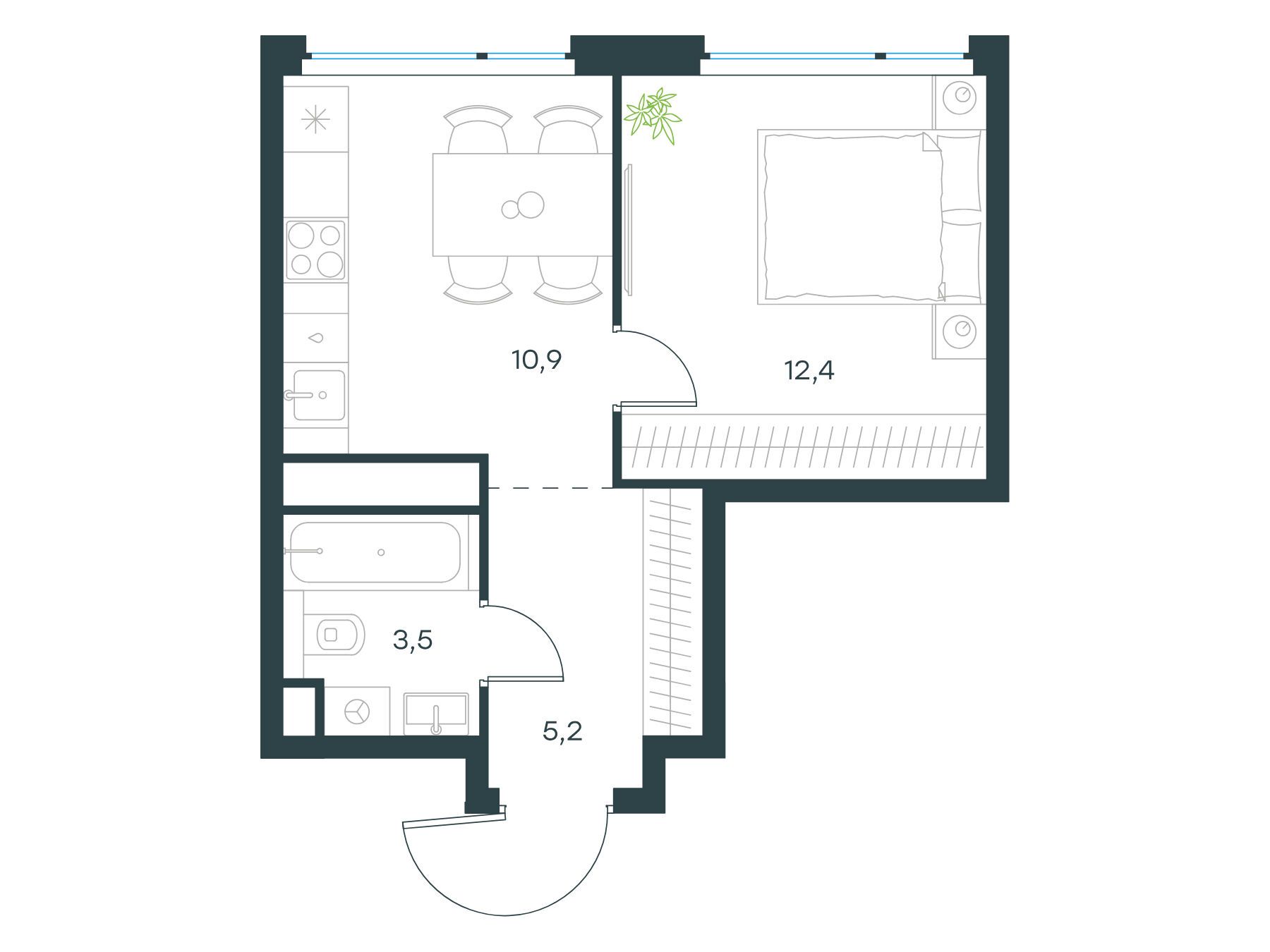 Планировка: 1-комн. квартира 32.00 м² в новостройке Левел Мичуринский