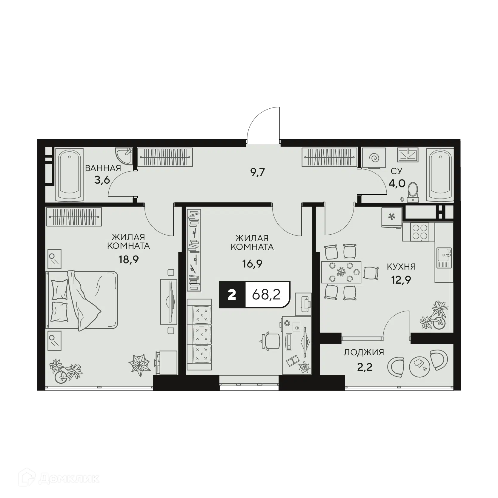 Планировка: 2-комн. квартира 68.20 м² в новостройке 18/3