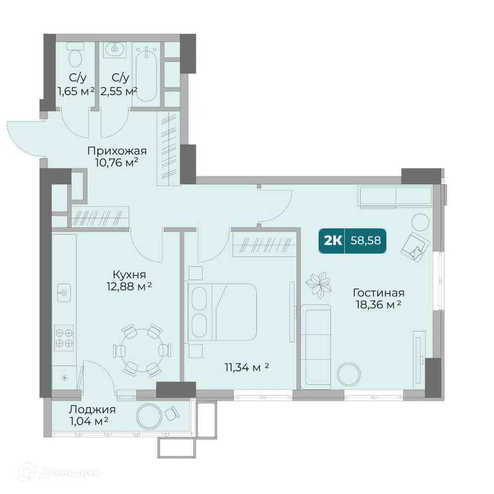 Планировка: 2-комн. квартира 58.55 м² в новостройке Золотой Берег 1