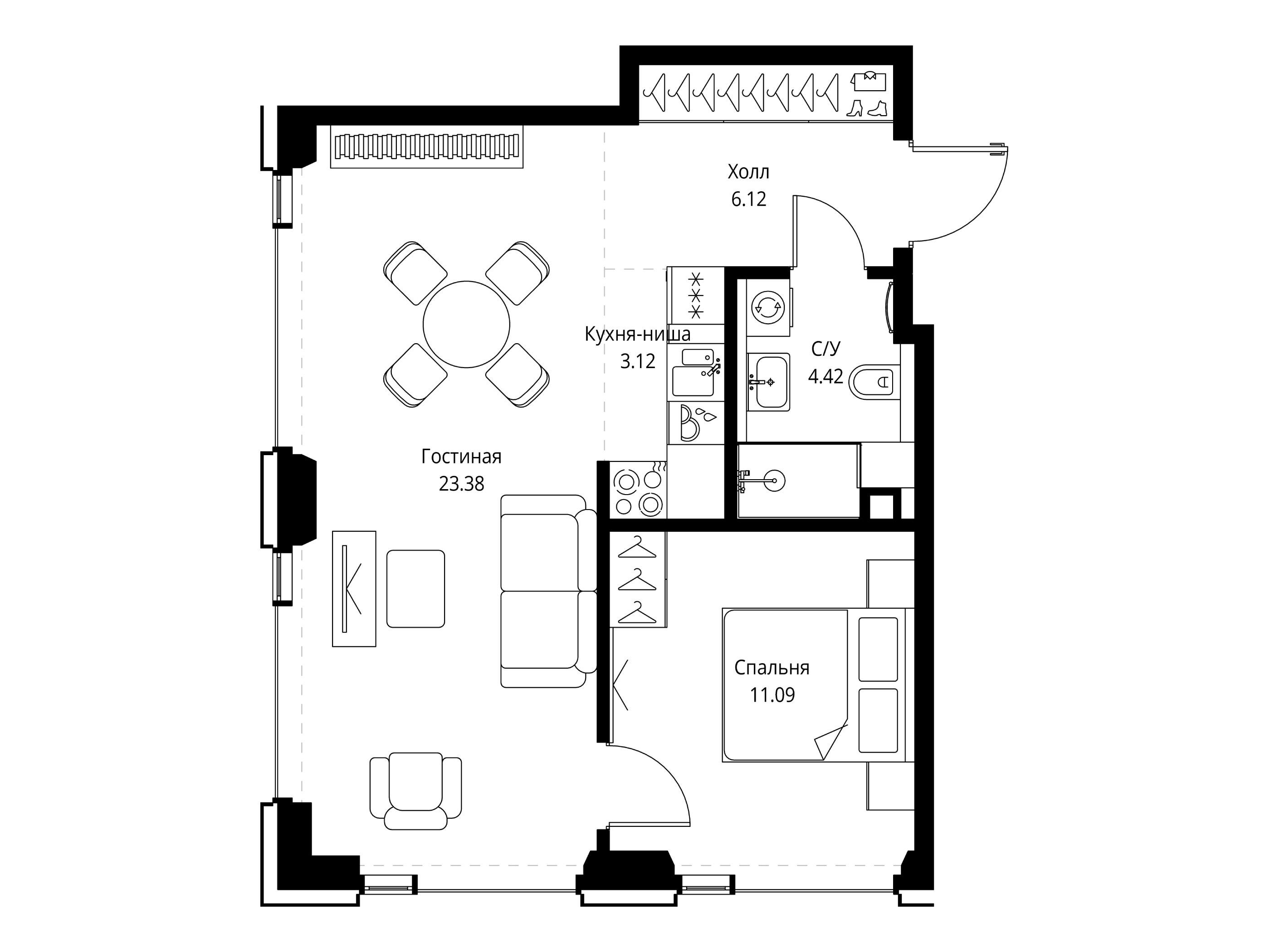 Планировка: 1-комн. квартира 48.13 м² в новостройке Сет