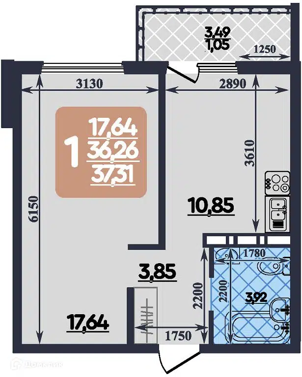 Планировка: 1-комн. квартира 37.31 м² в новостройке Ленинградский квартал